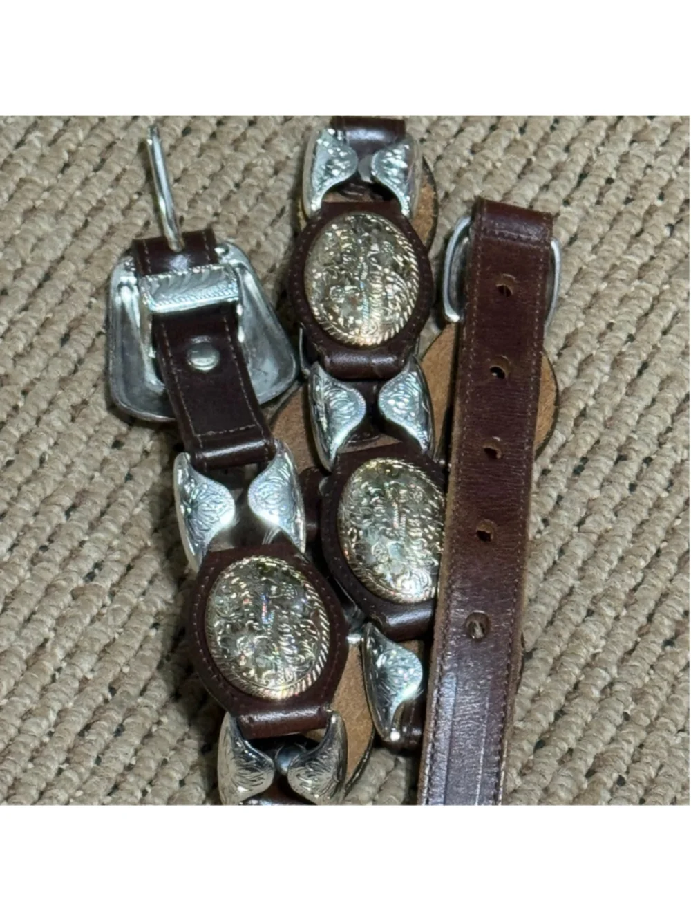 Nadim Western Concho Leather Belt Brown Engraved Silver Buckle Cowgirl Boho